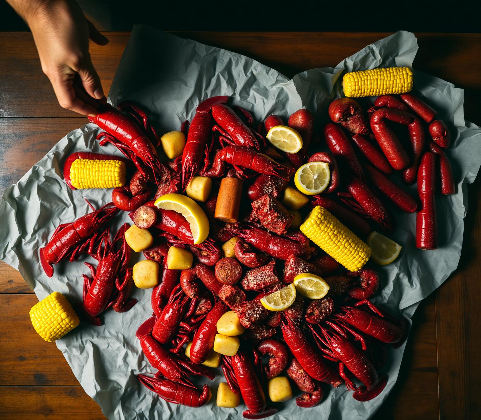 A Cajun crawfish boil dumped on butcher paper with corn, potatoes and sausage